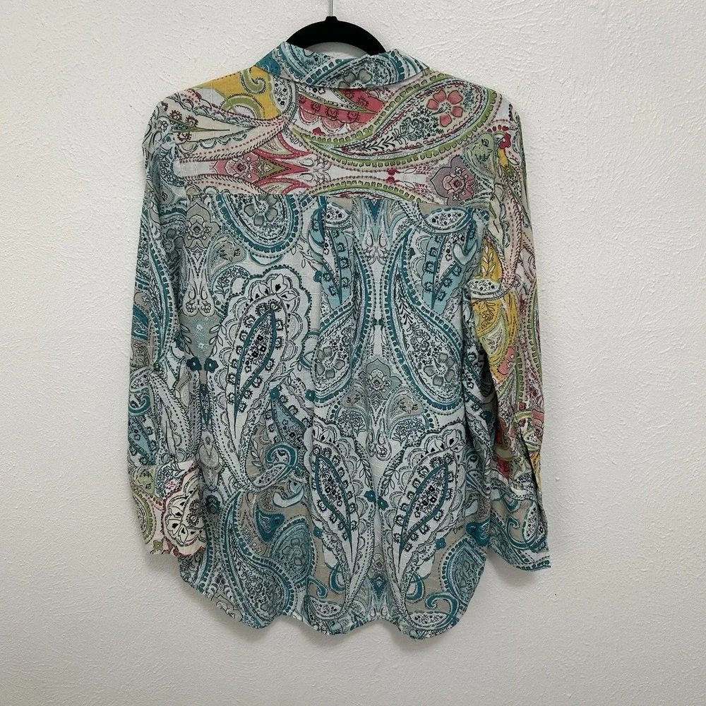 Sharon Young Top Sz M Blue‎ Colorful Artsy Abstract Floral Long Sleeve Button Up - Picture 10 of 12